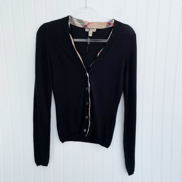 Burberry Checked-Trim Nova Merino Wool Cardigan Black Size Small - Picture 11 of 14
